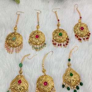 Headpiece Tikka Jadau Gold Plat /Punjabi Round Hair Headpiece/ Maang Tikka Punjabi Indian Jewellery/Pakistani Set