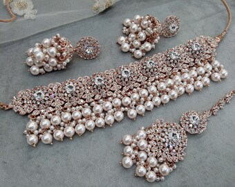 Crystal and Rhinestone Indian Choker Set, Earrings & Tikka sejal set