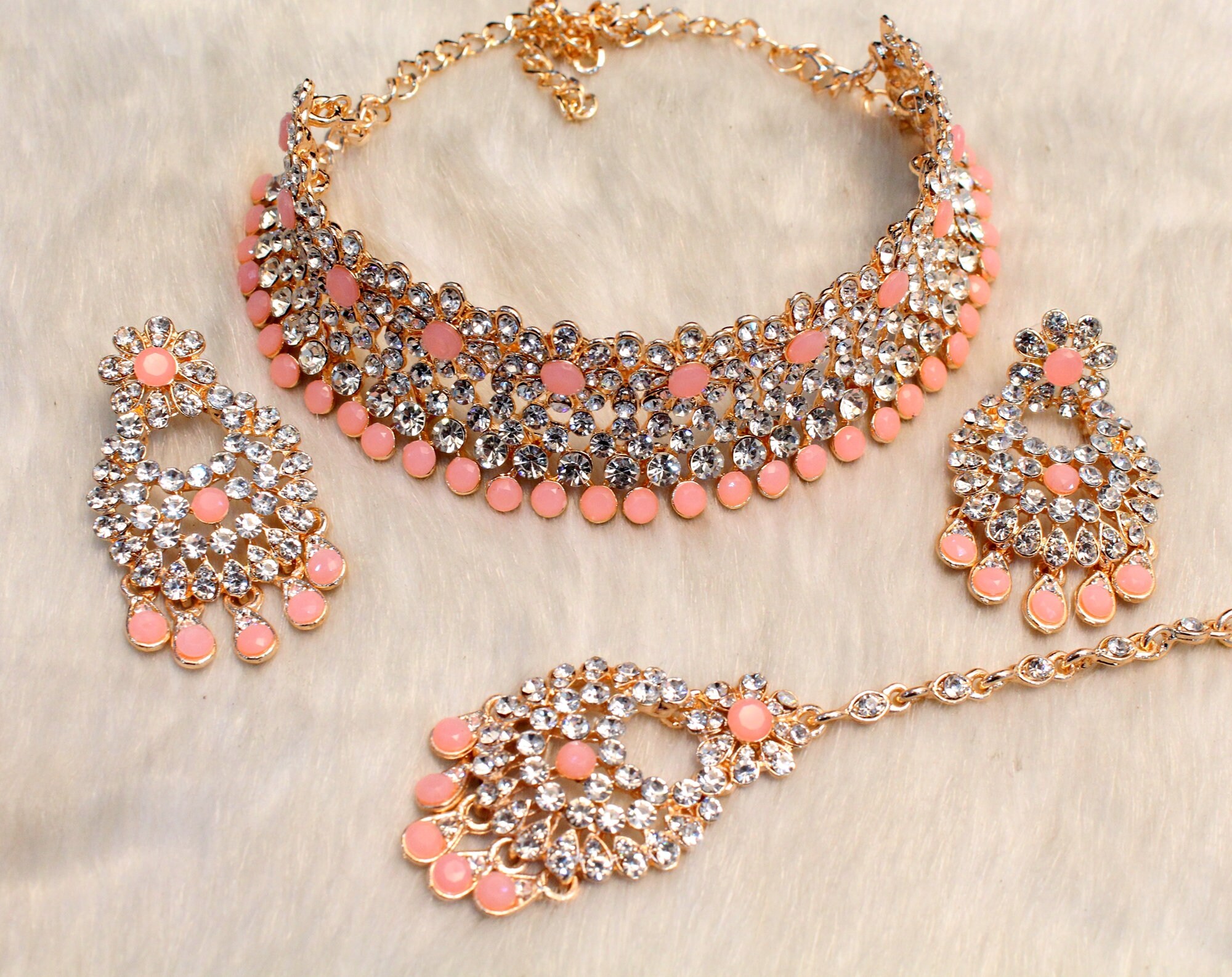 Gold Choker /Gold green pink Choker Necklace Set/ Bollywood Etsy