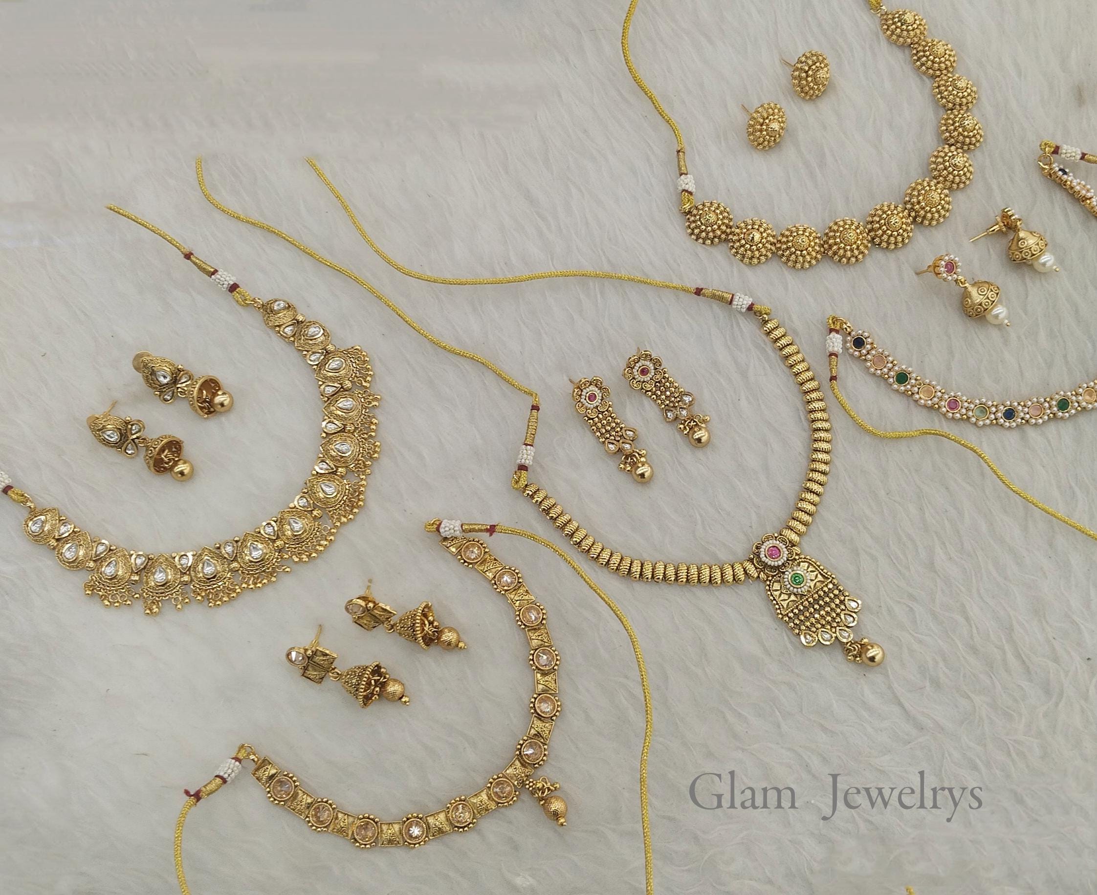 Gold Finish Polki Necklace Set, Indian Bridal Jewelry Gandhi Alma Set ...