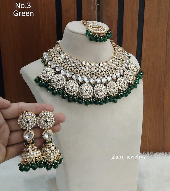Gold Plated Indian Wedding Jewelry Set - Kundan Stone Necklace With Earrings & Maang Tikka (IJ379)