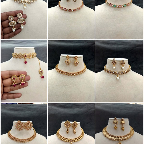Indian Polki Jewelry Jewellery Necklace Set/ Bollywood Style Gold Finish South Indian bridal Chivi Jewelry
