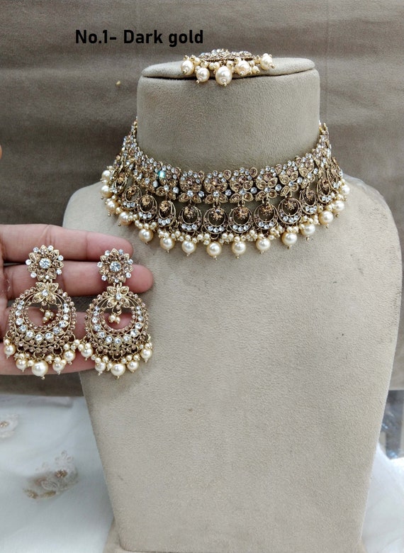 Choker Set Gold Necklace Set bollywood Jewellery indian Dark Gold