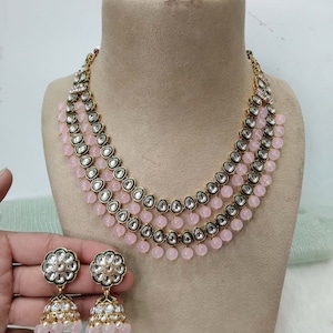 Indian Jewelry Jewellery , Kundan Layered necklace Set Indian Wedding Semi Bridal Ethnic Bridal tiles Necklace, bridesmaids set