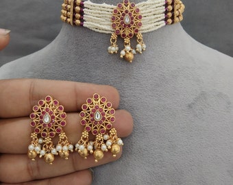Gold Plated Indian Choker Set, Crystal Stone komal  Earrings