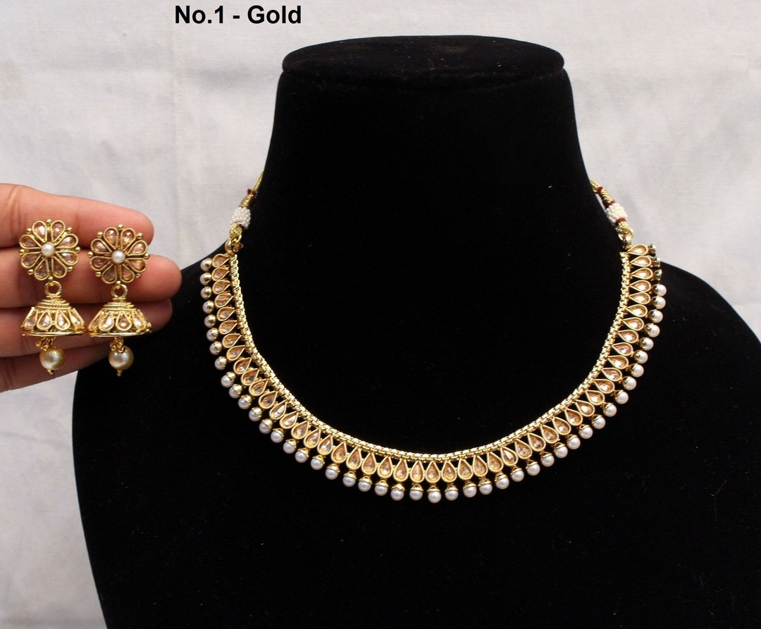 Indian Polki Necklace Set Jewelry Jewellery / Bollywood Style Gold