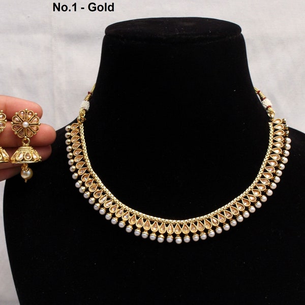 Indian Polki Necklace set Jewelry Jewellery / Bollywood Style Gold Finish South Indian wedding bridal olean Jewelry/gift for her