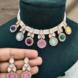 Indian Jewelry/Bridal Gold Multicolor Kundan Necklace Set/Indian Wedding Kundan Jewellery Runes Necklace Set