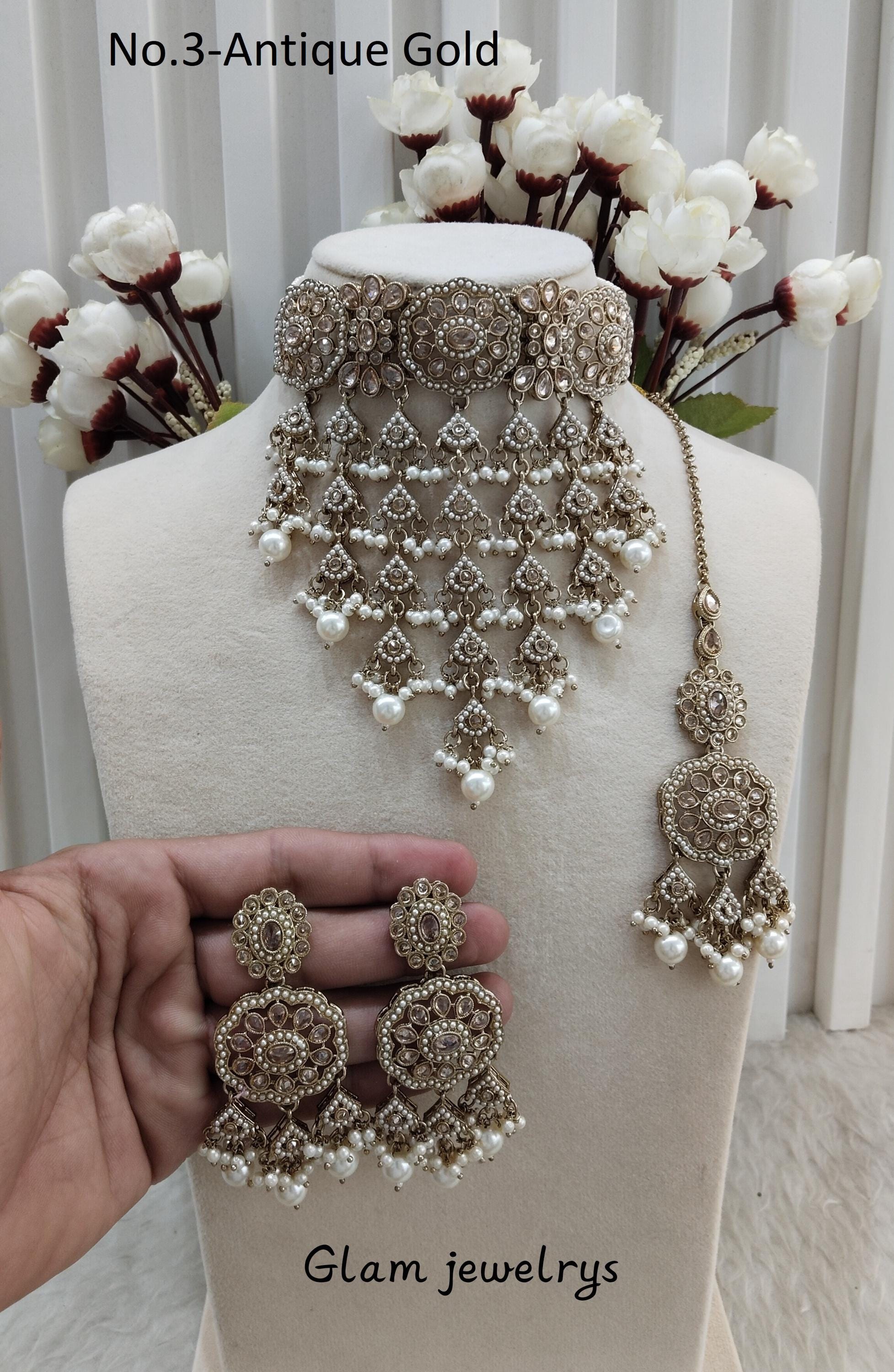 Antique Gold Indian Choker Set, Crystal Rhinestone Jewelry Monte 