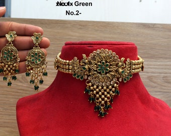 Indian Gold Jewelry Jewellery Choker Set ruby Green Mat Finish