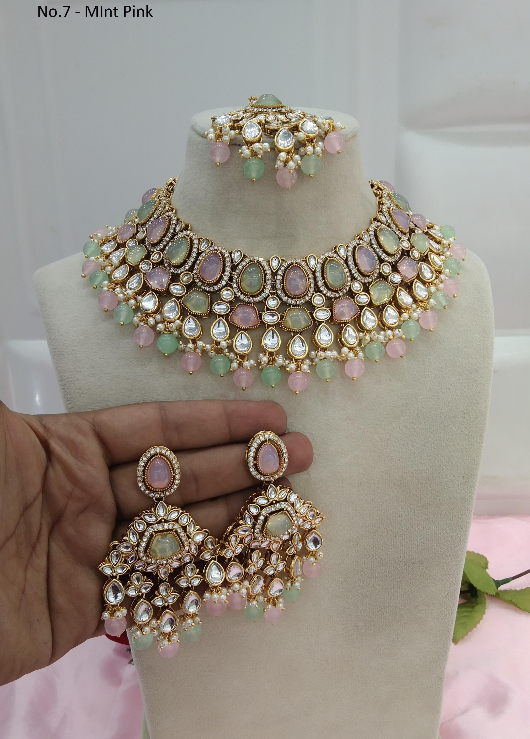 クンダン インディアン ブライダル ネックレス セット、ラマ グリーン