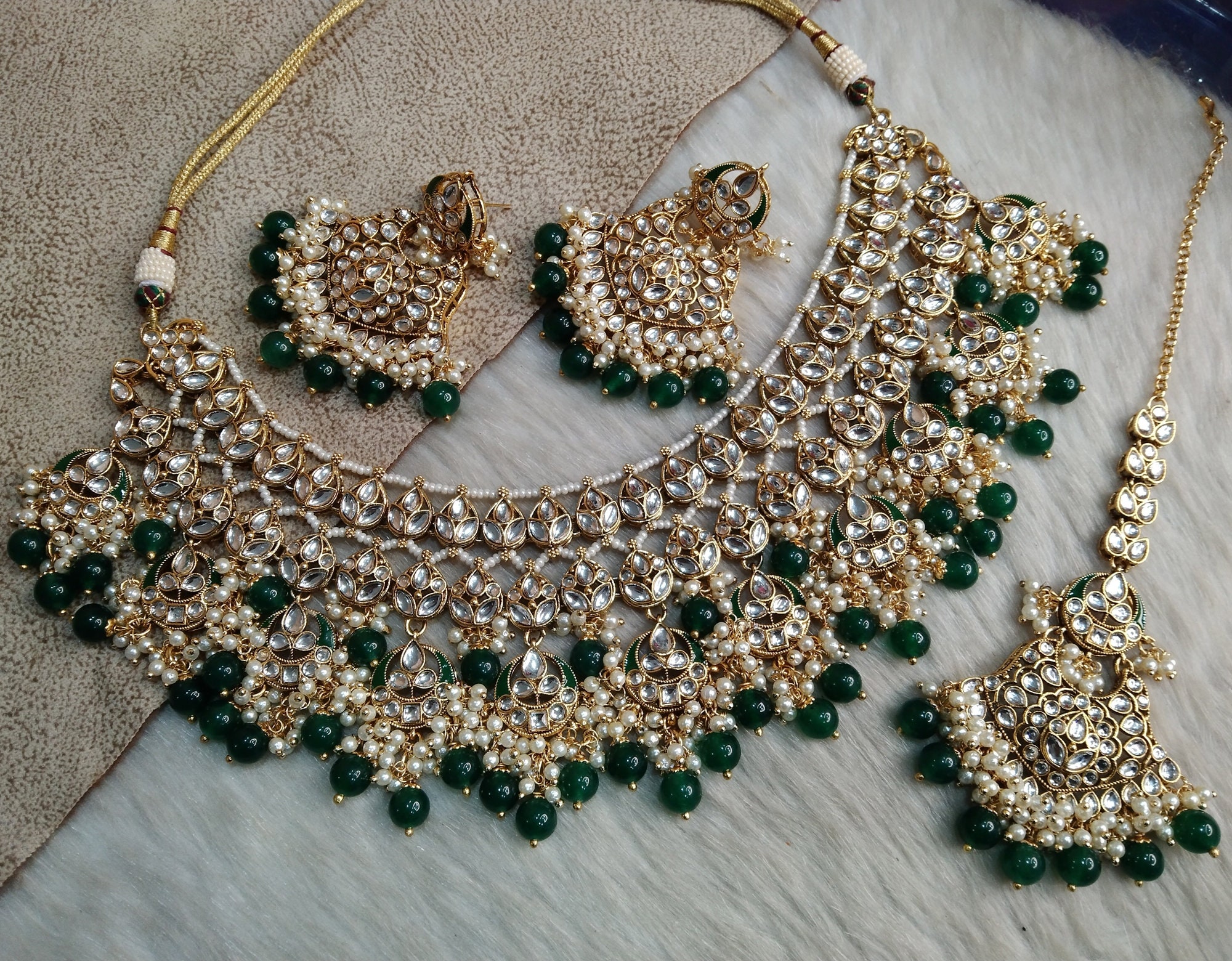 Indian Jewelry Gold Bridal Kundan Necklace Set Indian Green