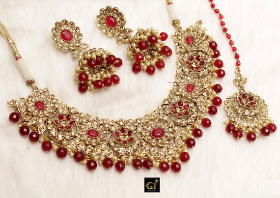 I Jewels Women's 18K Gold Plated Indian Wedding Necklace Set With Maang Tikka - Red Kundan Stone Jewellery