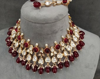Kundan Indian Bridal Jewelry Set, Maroon Necklace Earrings Tikka neena set
