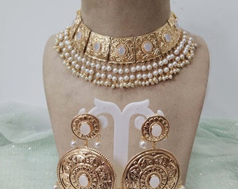 Jadau Navrattan Choker Necklace Set/Bridal Indian Bollywood Punjabi Muslim Necklace Old School Style Kundan Pakistani Jewelry Set