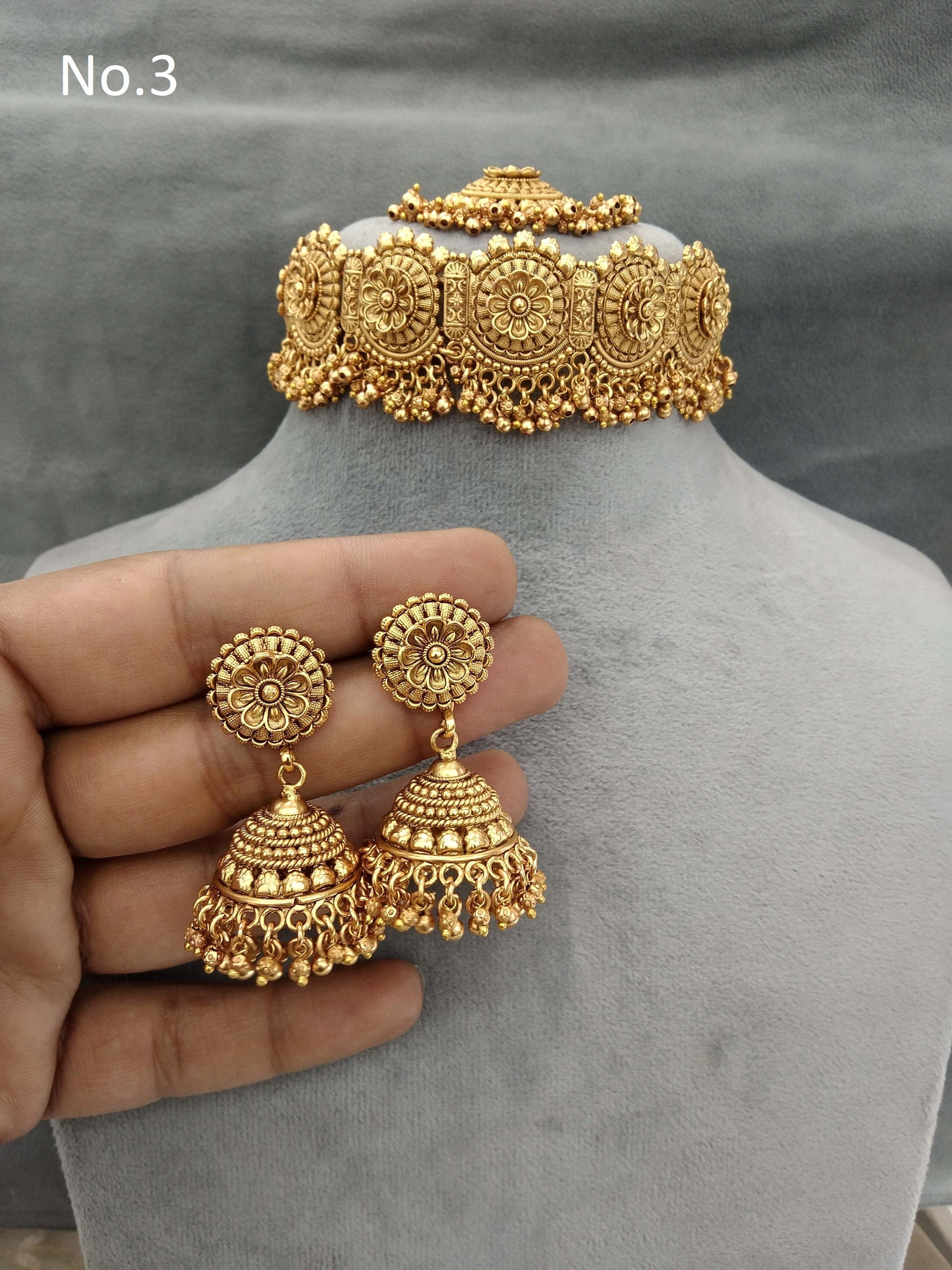 Indian Gold Jewelry Jewellery choker set/Gold  finish Choker Set Bollywood Style Gold Finish South Indian bridal selvi Jewelry