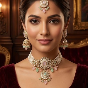 May include: An ornate gold-toned jewelry set featuring a necklace, earrings, and a headpiece. The set includes pearls, pink and green gemstones. The necklace is a choker style. The earrings are bell-shaped. The headpiece is a tikka style.