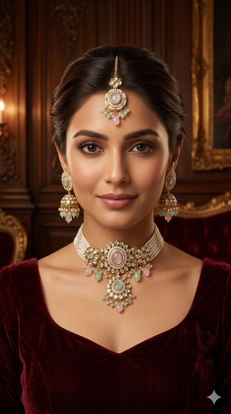 May include: An ornate gold-toned jewelry set featuring a necklace, earrings, and a headpiece. The set includes pearls, pink and green gemstones. The necklace is a choker style. The earrings are bell-shaped. The headpiece is a tikka style.