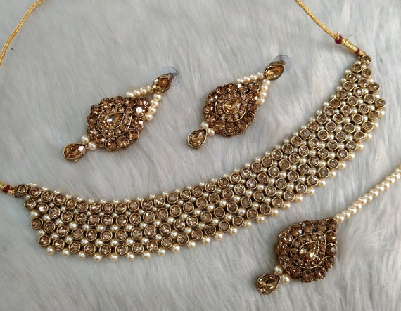 Buy Indian Necklace Jewelry Jewellery Set/ Antique Gold, Baby Pink