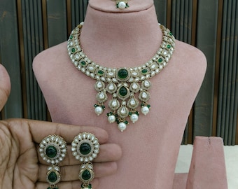Kundan Choker Set, Indian Bridal Necklace with Earrings & Tikka Tiska Hamu sets
