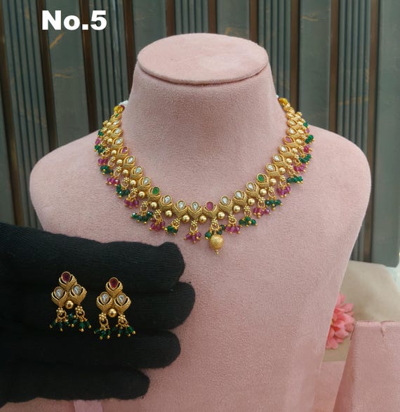 Gold Plated Indian Necklace Set – Crystal Tikka Jewelry Brazil
