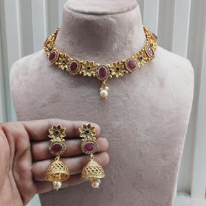 Indian Polki Jewelry Jewellery Necklace Set/ Bollywood Style Gold Finish South Indian bridal pinki Santer Rashid Jewelry