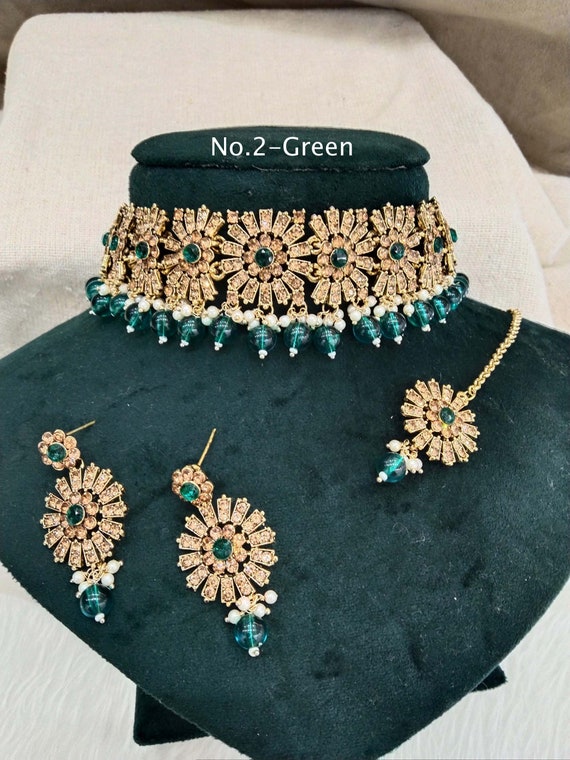 Choker Set Dark Gold Choker Set/ Dark Gold Indian Maroon, Green, Lavender Choker  Set/ Bridesmaid Jewellry/necklace Projects Set 