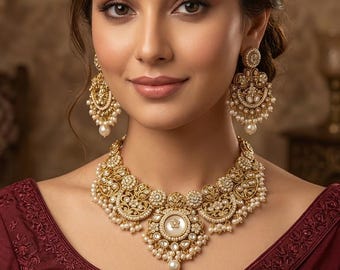 Kundan Indian Bridal Necklace Amanat Set, Gold Jewelry with Maroon Drops