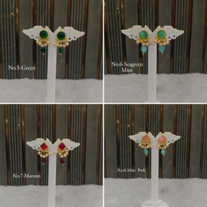 May include: Four pairs of earrings displayed on white stands. No. 5-Green features round green stones with pearls. No. 6-Seagreen Mint has round mint stones. No. 7-Maroon shows square red stones. No. 8-Mint Pink displays square pink stones with mint beads.
