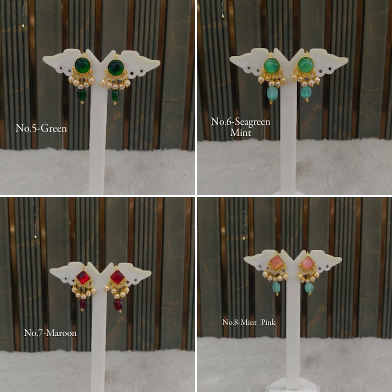 May include: Four pairs of earrings displayed on white stands. No. 5-Green features round green stones with pearls. No. 6-Seagreen Mint has round mint stones. No. 7-Maroon shows square red stones. No. 8-Mint Pink displays square pink stones with mint beads.