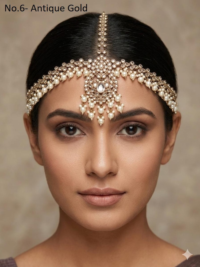 Bandeau maatha Patti en or antique : chaîne de cheveux indienne Tikka No.6- Antique Gold
