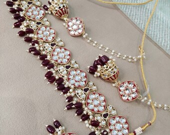 Kundan Choker Set, Indian Bridal Jewelry, Maroon Necklace with Earrings salnon set