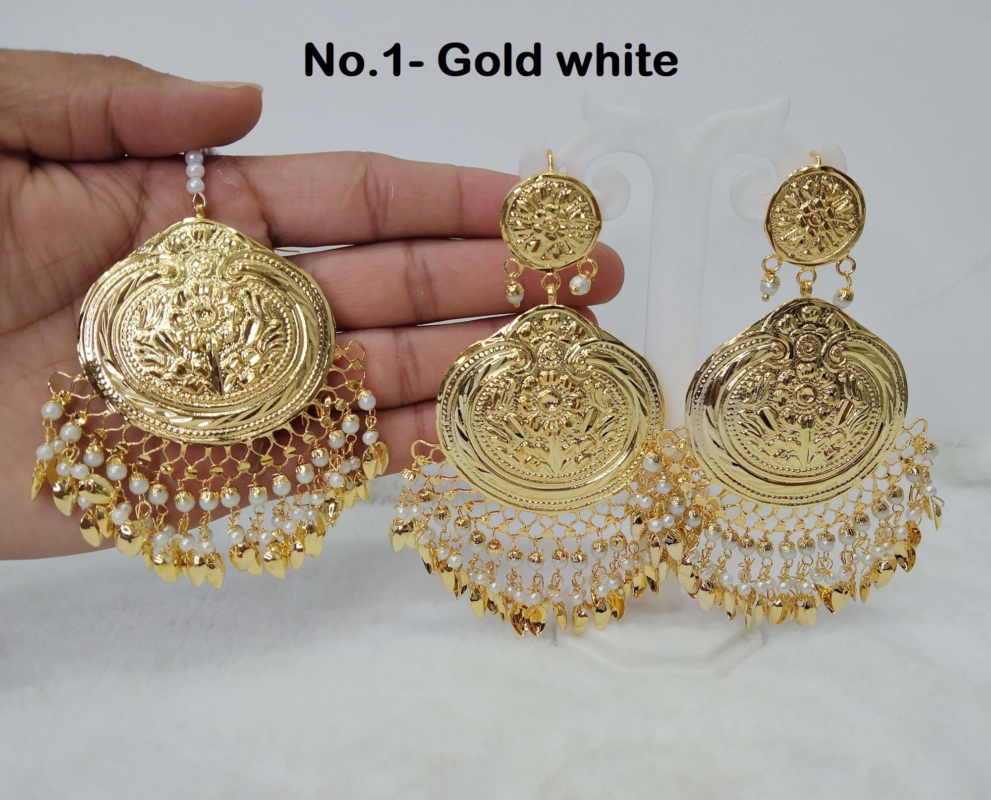 Pearl Beads Gold Polished Traditional Punjabi Earrings Bali set J0461 -  muteyaar.com