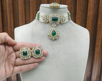Moissanite Kundan Choker Halsband & Örhängen Set - Indiska Brudsmycken Gini Set