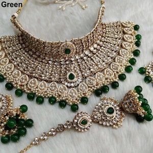 Indian Jewelry/ Gold Plated white , green, Maroon Semi Bridal Kundan choker necklace Set Indian Wedding Semi Bridal Ethnic Jewellery