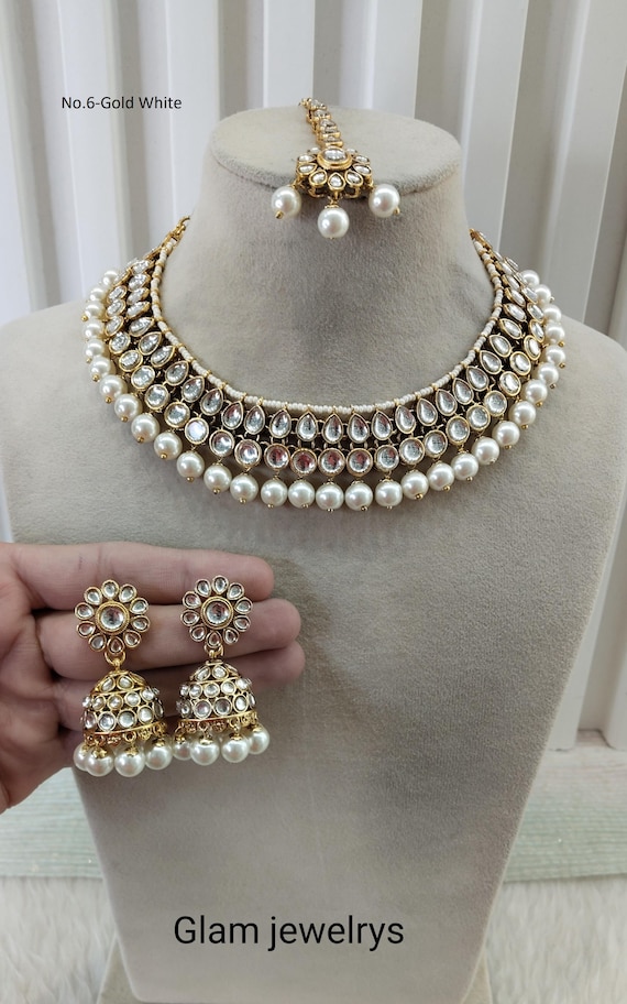Gold Kundan Indian Necklace Set, Pearl Bridal Jewelry Roshan Set