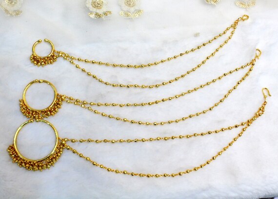 Nose Ring Chain Gold Nath Indian Plat 