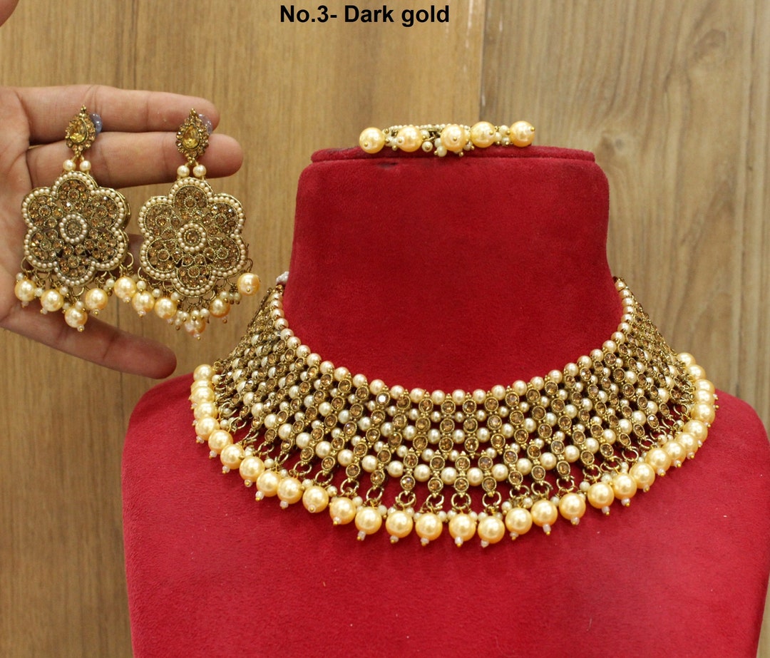 Indian Jewelry Jewellery/dark Gold Necklace Set/bollywood Gold Indian