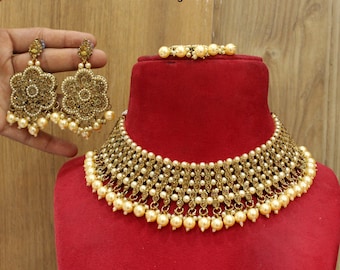 Dark Gold Plated Indian Jewelry Set: Crystal Necklace, Earrings, Tikka