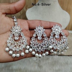 Indian Jewelry/Silver Indian Chand Balli Round Earrings tikka set/Indian Crystal silver Bridal Earrings Set Jewellery/ Bollywood Jewelry
