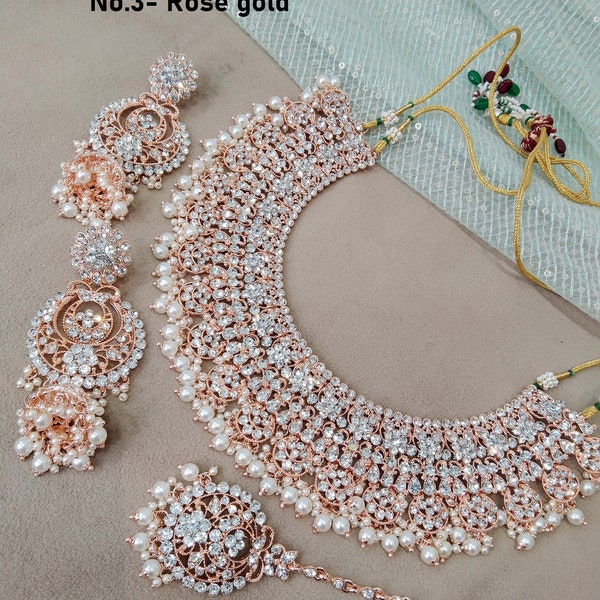 Indian Jewelry Jewellery/Semi Bridal Gold Bollywood Bride Jewelry Necklace Set/Rose Gold, dark gold , Silver necklace perm Set/ bridal set