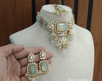 Conjunto de gargantilha Kundan banhado a ouro, joias indianas, brincos verdes, conjunto gurleen