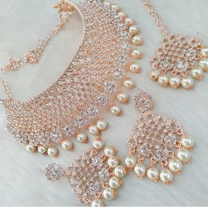 Rose Gold Plated Choker /Gold Plated Choker Set/ Bollywood Necklace Set/Indian choker necklace set/Gold Bridesmaid Jewelry/Women Necklace