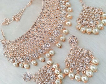 Rose Gold Plated Choker /Gold Plated Choker Set/ Bollywood Necklace Set/Indian choker necklace set/Gold Bridesmaid Jewelry/Women Necklace