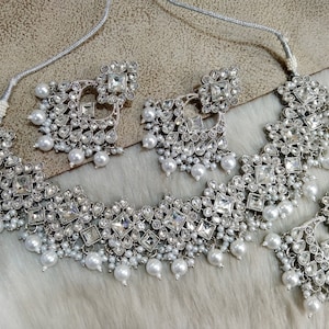 Silver Necklace Set/Silver White Bollywood Necklace Set/Bridesmaid necklace Wedding Jewellry set/Women Necklace Set/Gift for her