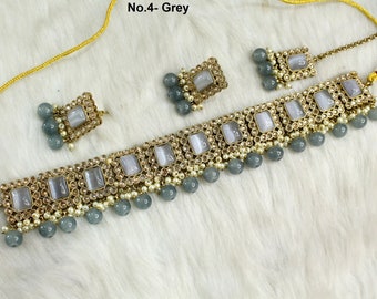Set antiekgouden chokerketting: champagnesteen, Indiase soha-sieradenset