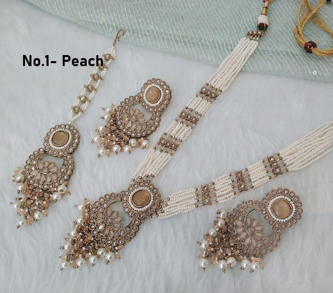 Rani Haar Semi Long Necklace Set/mehndi Polish Gold Indian Necklace Set