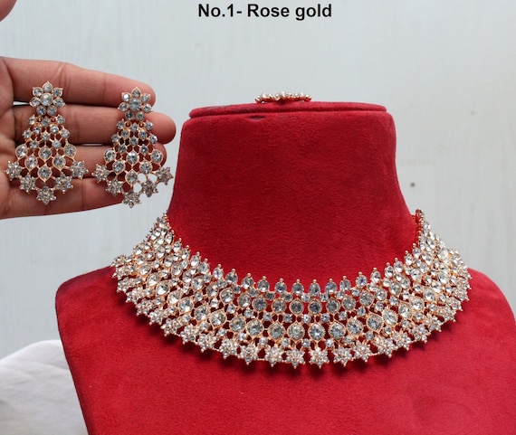 Rose Gold Choker /gold Carret White Choker Set/ Bollywood Necklace  Set/indian Choker Necklace Set/gold Bridesmaid Jewelry/women Necklace 