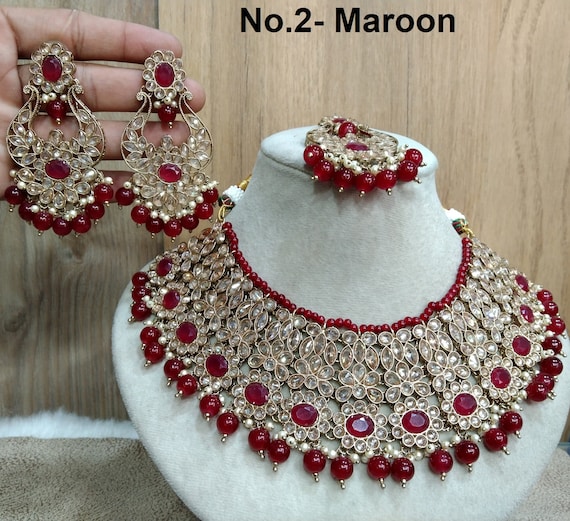 か*み様 Indian Jewelry Dark Gold Indian Necklace Set, Crystal & Pearl Tikka Earrings
