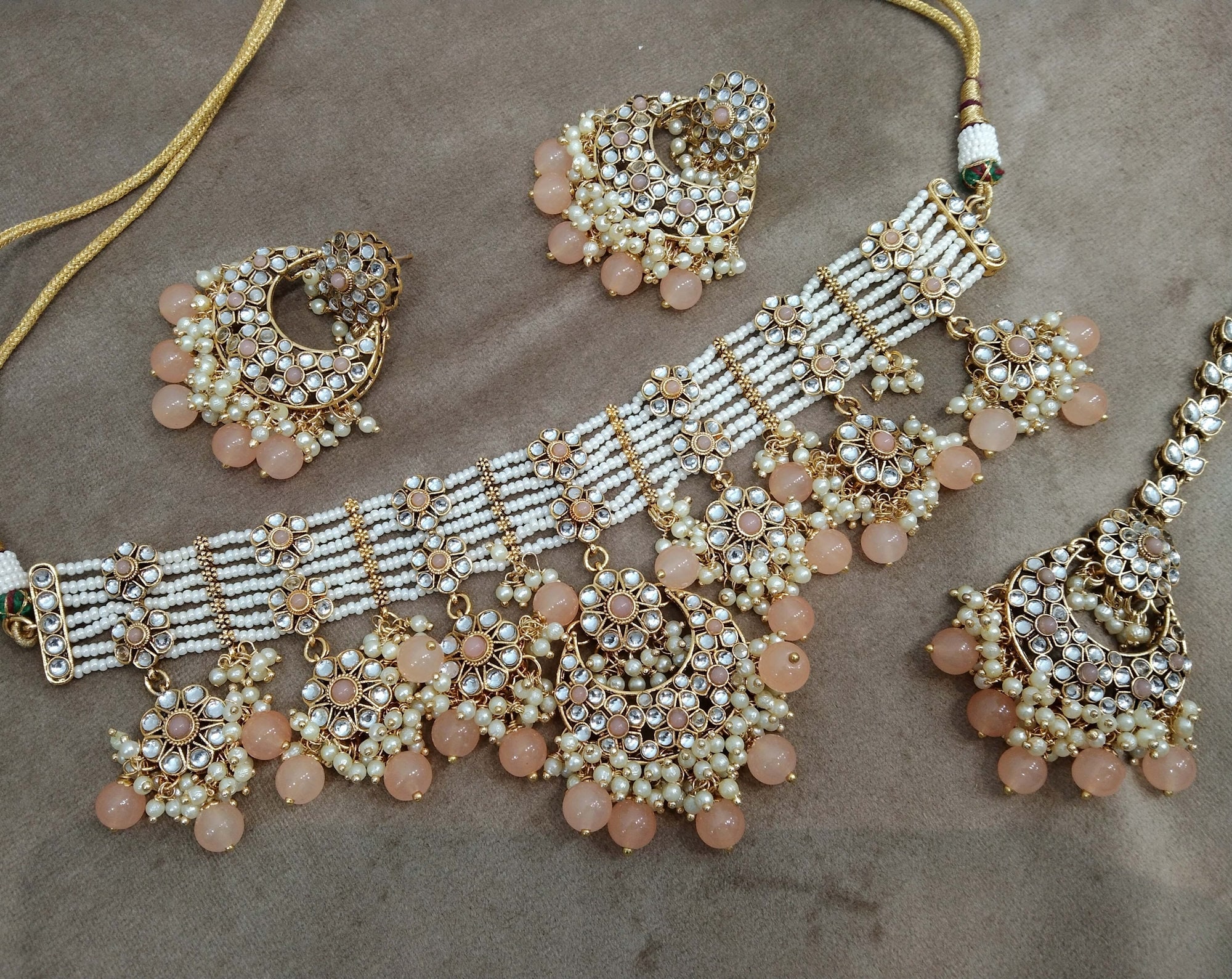 Kundan Choker Necklace Earrings Set, Indian Jewelry Diplo Set - Etsy  Singapore, image size:2000x1589